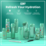 Several teal water bottles, varying in size and design, are displayed on a teal surface. Accessories are also shown. The text reads: 
