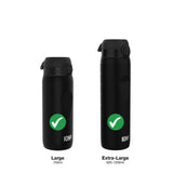 Two black water bottles stand upright on a white background with flip-top lids; each features a green checkmark and the text 