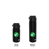 Two black water bottles with flip-top lids stand side by side on a white background both displaying a green check mark Small 320-400ml Medium 500-600ml labeled below with ION8 text